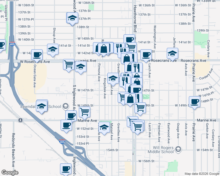 map of restaurants, bars, coffee shops, grocery stores, and more near 4533 West 147th Street in Lawndale