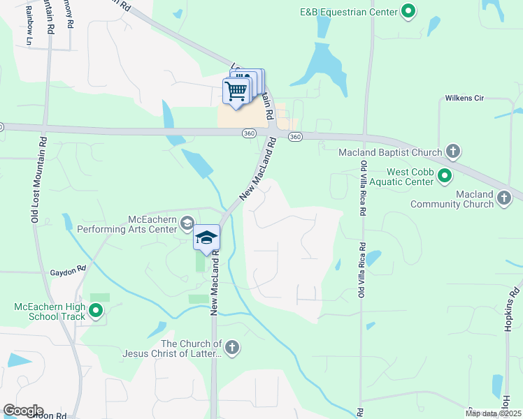 map of restaurants, bars, coffee shops, grocery stores, and more near 4174 McBride Drive in Powder Springs