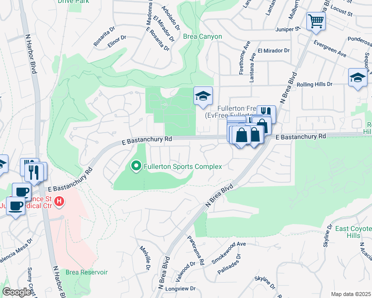map of restaurants, bars, coffee shops, grocery stores, and more near 684 Poplar Street in Fullerton