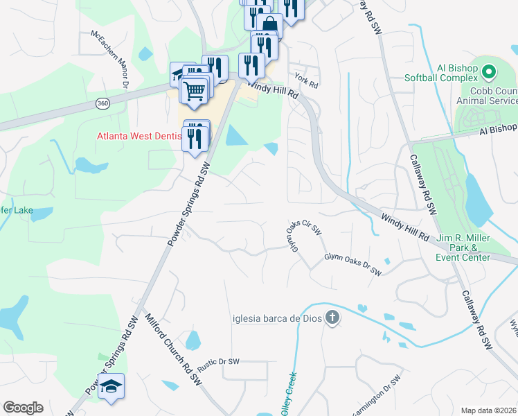 map of restaurants, bars, coffee shops, grocery stores, and more near 1707 Brandon Lee Way in Marietta