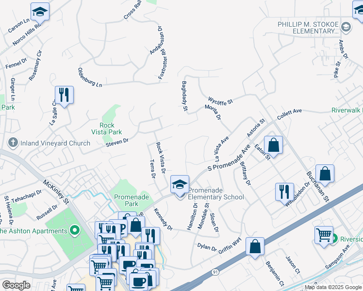 map of restaurants, bars, coffee shops, grocery stores, and more near 728 La Cumbre Street in Corona