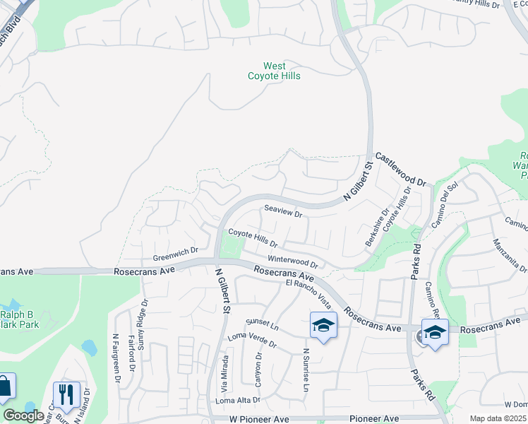 map of restaurants, bars, coffee shops, grocery stores, and more near 2184 Seaview Drive in Fullerton