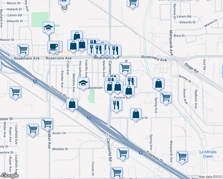 map of restaurants, bars, coffee shops, grocery stores, and more near 14622 Carmenita Road in Norwalk