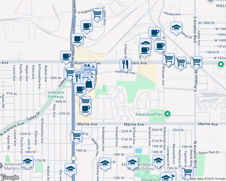 map of restaurants, bars, coffee shops, grocery stores, and more near 23 Lafayette Court in Manhattan Beach