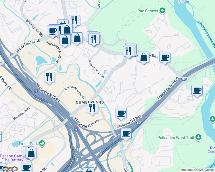 map of restaurants, bars, coffee shops, grocery stores, and more near 204 Windy Ridge Lane Southeast in Atlanta