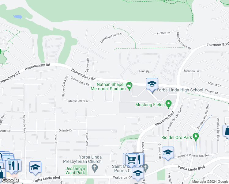 map of restaurants, bars, coffee shops, grocery stores, and more near 4336 Dartmouth Drive in Yorba Linda