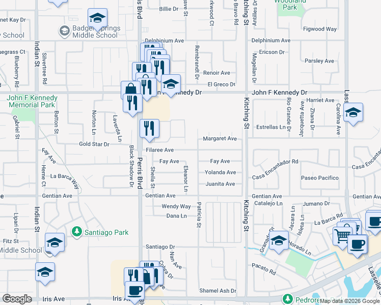 map of restaurants, bars, coffee shops, grocery stores, and more near 25249 Filaree Avenue in Moreno Valley