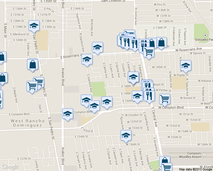 map of restaurants, bars, coffee shops, grocery stores, and more near 14631 South Cahita Avenue in Compton