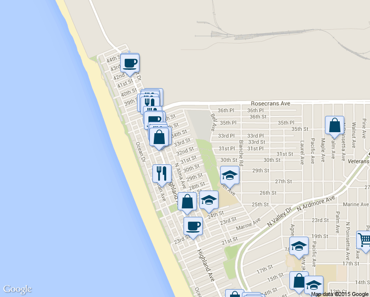 map of restaurants, bars, coffee shops, grocery stores, and more near 441 32nd Street in Manhattan Beach