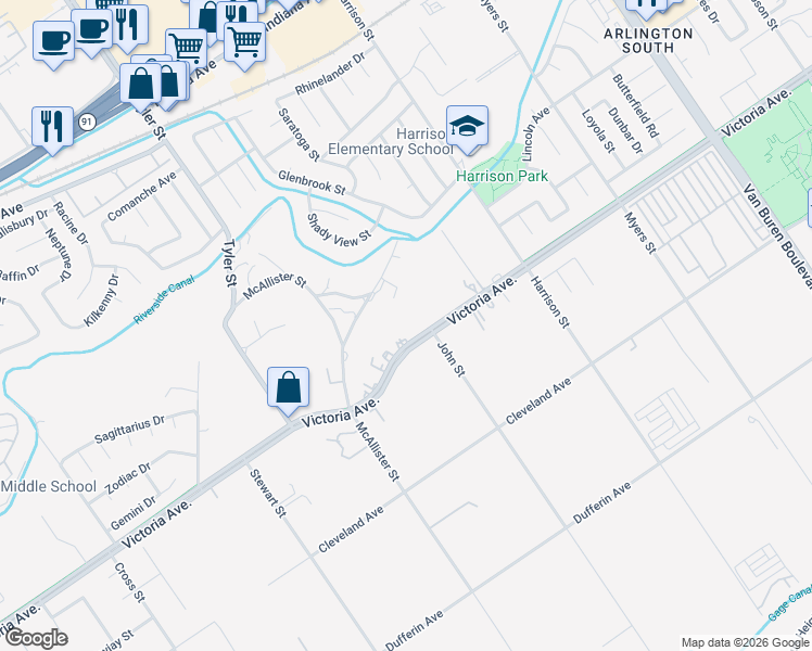 map of restaurants, bars, coffee shops, grocery stores, and more near 10131 Victoria Avenue in Riverside