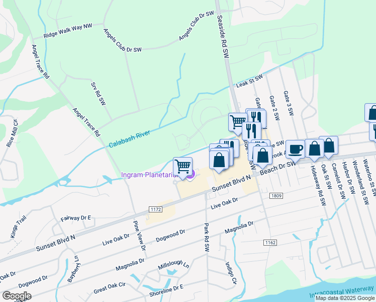 map of restaurants, bars, coffee shops, grocery stores, and more near 1627 Palomar Drive in Sunset Beach