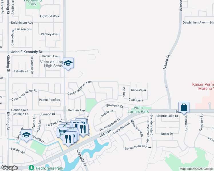 map of restaurants, bars, coffee shops, grocery stores, and more near 26340 Camino Largo in Moreno Valley