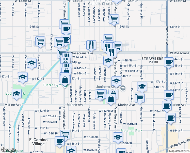 map of restaurants, bars, coffee shops, grocery stores, and more near 14623 Roxton Avenue in Gardena
