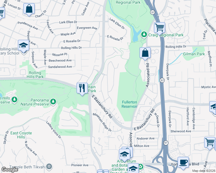 map of restaurants, bars, coffee shops, grocery stores, and more near 2530 Tuscany Way in Fullerton