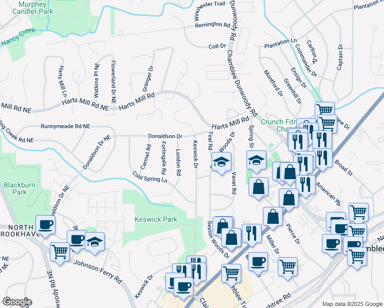 map of restaurants, bars, coffee shops, grocery stores, and more near 3654 Keswick Drive in Chamblee
