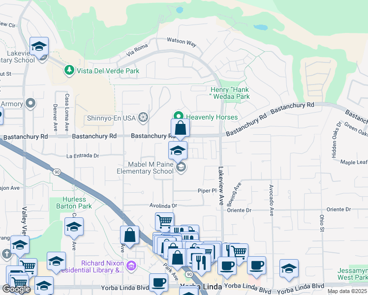 map of restaurants, bars, coffee shops, grocery stores, and more near 4316 Poppy Lane in Yorba Linda