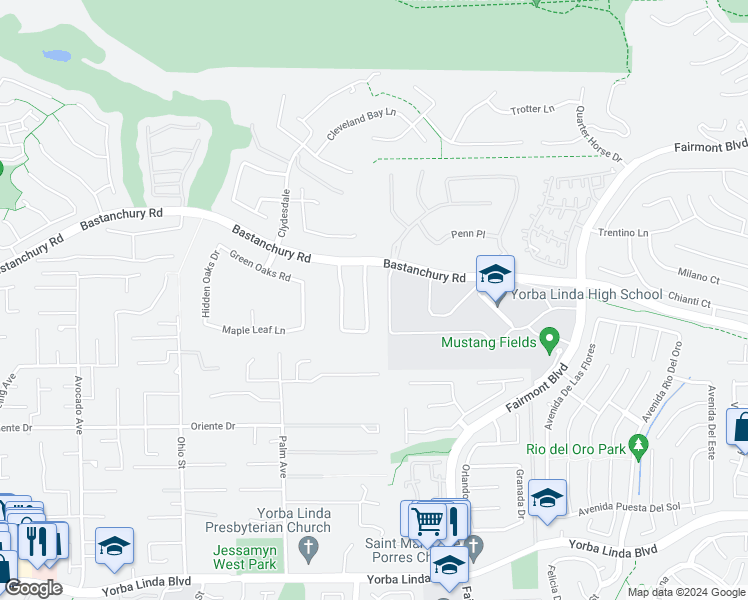 map of restaurants, bars, coffee shops, grocery stores, and more near 4336 Dartmouth Drive in Yorba Linda