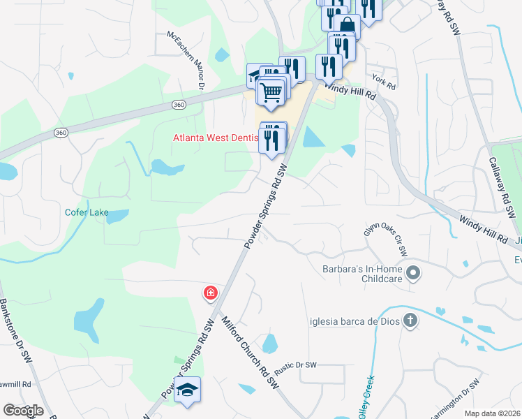 map of restaurants, bars, coffee shops, grocery stores, and more near 1848 Green Drive in Marietta