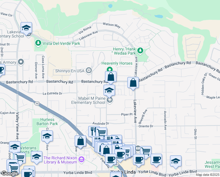 map of restaurants, bars, coffee shops, grocery stores, and more near 18298 Maidenhair Way in Yorba Linda