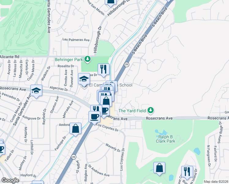 map of restaurants, bars, coffee shops, grocery stores, and more near 14730 Beach Boulevard in La Mirada