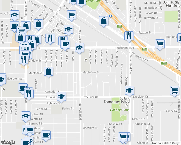 map of restaurants, bars, coffee shops, grocery stores, and more near Disney Avenue in Norwalk