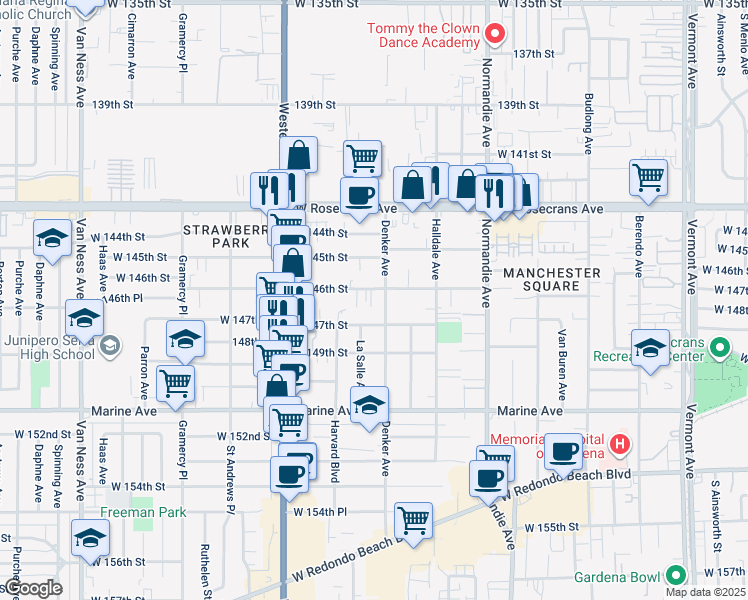 map of restaurants, bars, coffee shops, grocery stores, and more near 14615 Denker Avenue in Gardena