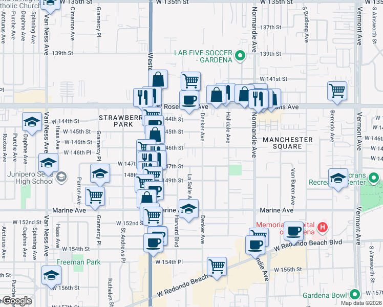 map of restaurants, bars, coffee shops, grocery stores, and more near 14615 Denker Avenue in Gardena
