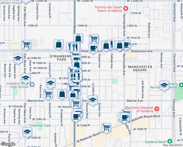 map of restaurants, bars, coffee shops, grocery stores, and more near 1652 West 146th Street in Gardena
