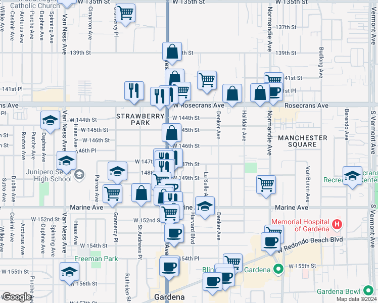 map of restaurants, bars, coffee shops, grocery stores, and more near 1730 West 146th Street in Gardena