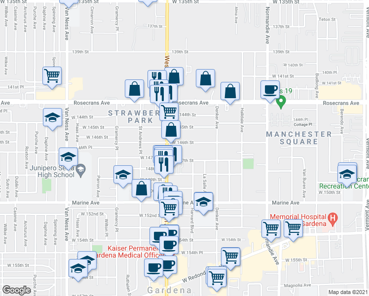 map of restaurants, bars, coffee shops, grocery stores, and more near 1730 West 146th Street in Gardena