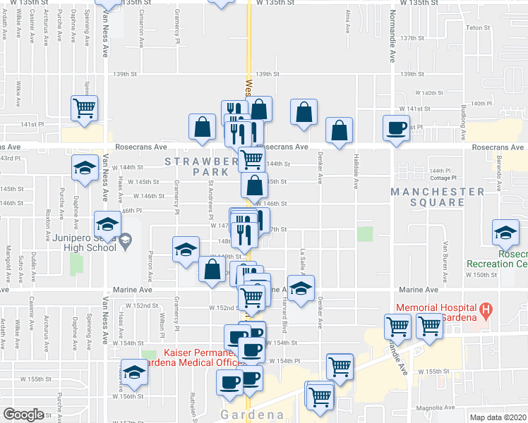 map of restaurants, bars, coffee shops, grocery stores, and more near 1730 West 146th Street in Gardena