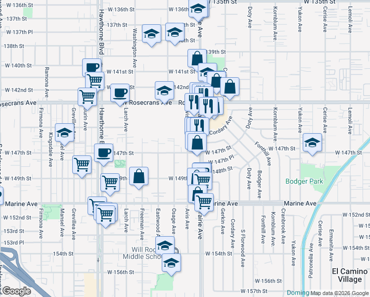 map of restaurants, bars, coffee shops, grocery stores, and more near 4061 West 147th Street in Lawndale