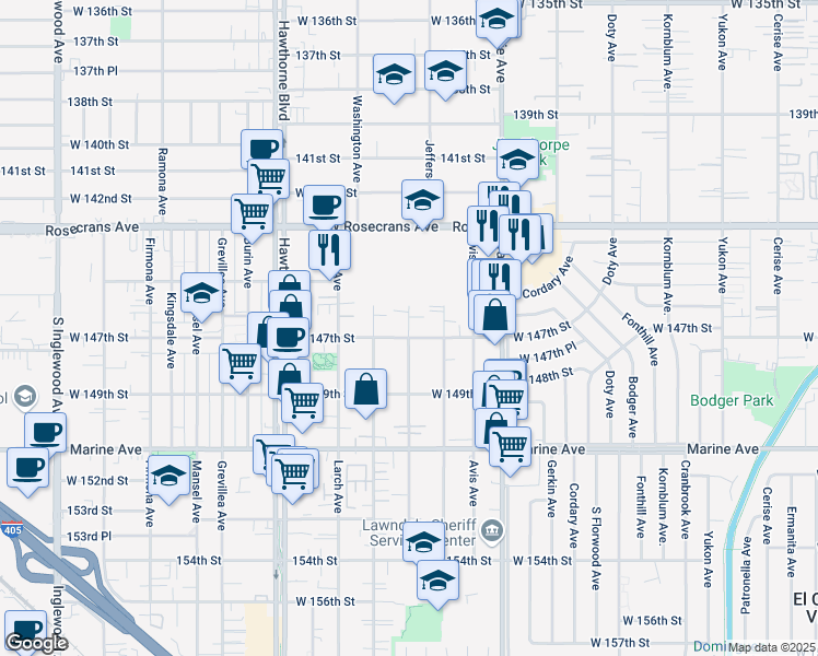 map of restaurants, bars, coffee shops, grocery stores, and more near 4121 West 147th Street in Lawndale