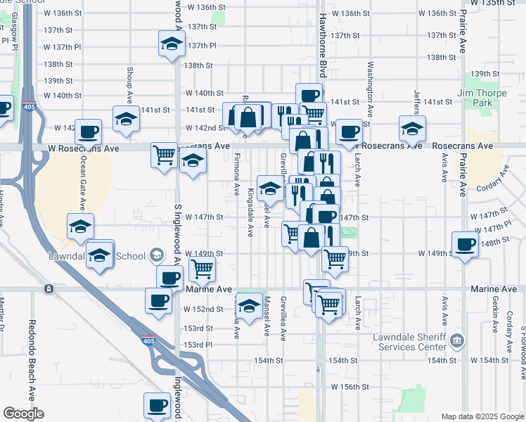 map of restaurants, bars, coffee shops, grocery stores, and more near 4533 West 147th Street in Lawndale