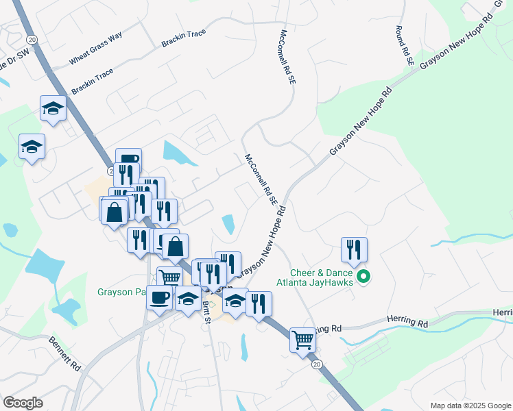 map of restaurants, bars, coffee shops, grocery stores, and more near 44 Green Love Lane in Grayson