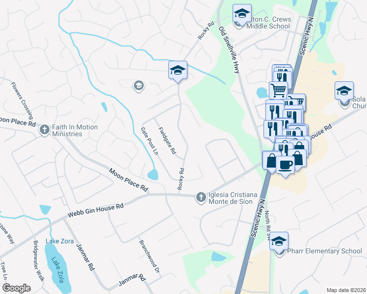 map of restaurants, bars, coffee shops, grocery stores, and more near 1201 Rocky Road in Lawrenceville