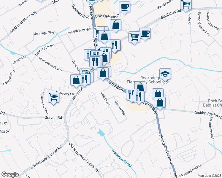 map of restaurants, bars, coffee shops, grocery stores, and more near 1386 Gale Drive Northwest in Norcross