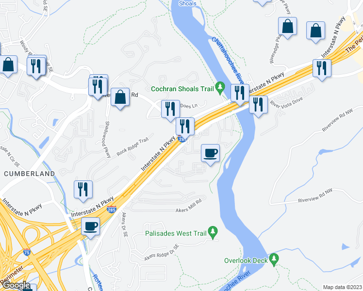 map of restaurants, bars, coffee shops, grocery stores, and more near 2243 Akers Mill Road Southeast in Atlanta