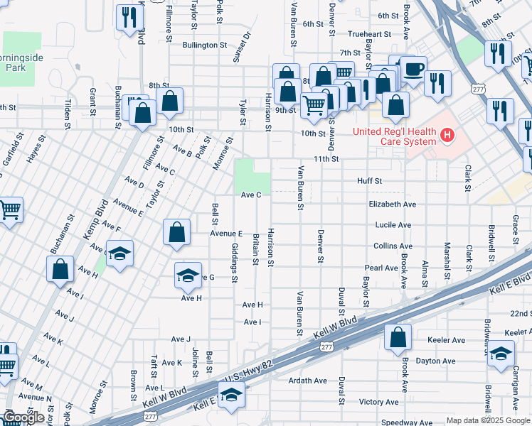 map of restaurants, bars, coffee shops, grocery stores, and more near 1313 Britain Street in Wichita Falls