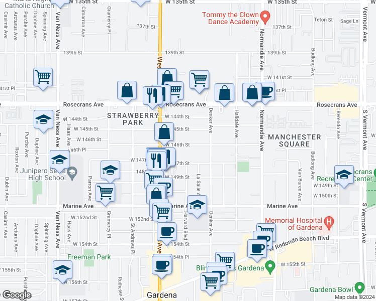 map of restaurants, bars, coffee shops, grocery stores, and more near 1660 West 146th Street in Gardena