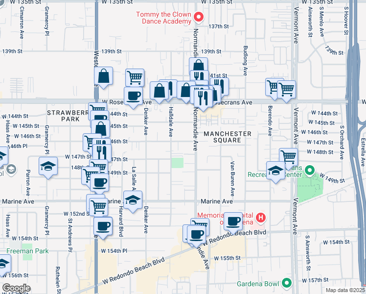 map of restaurants, bars, coffee shops, grocery stores, and more near 1450 West 146th Street in Gardena
