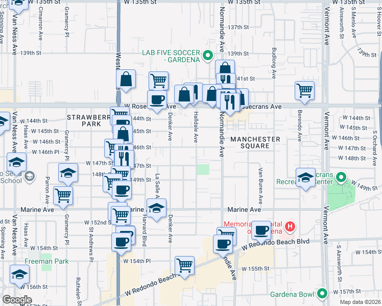 map of restaurants, bars, coffee shops, grocery stores, and more near 1510 West 146th Street in Gardena