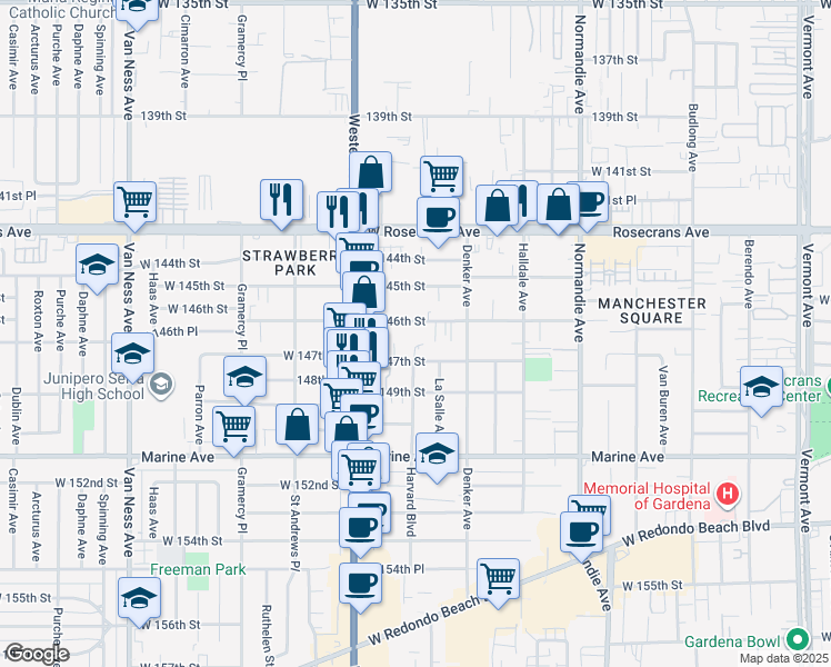 map of restaurants, bars, coffee shops, grocery stores, and more near 1660 West 146th Street in Gardena