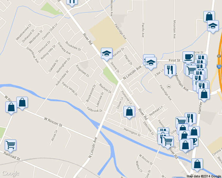 map of restaurants, bars, coffee shops, grocery stores, and more near 1002 Blossom Hill Drive in Corona