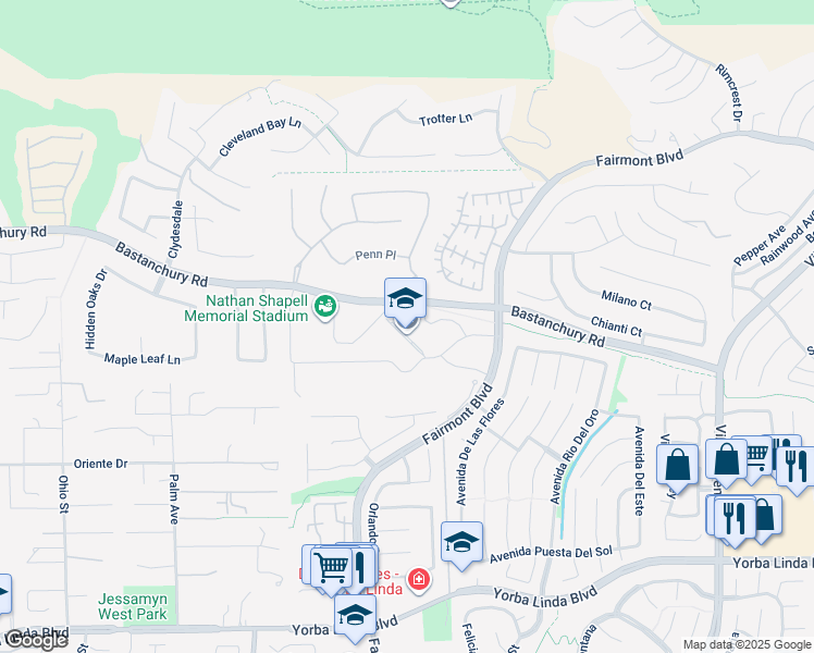 map of restaurants, bars, coffee shops, grocery stores, and more near 19900 Bastanchury Road in Yorba Linda