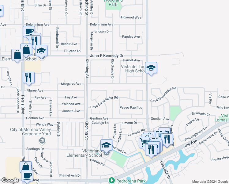 map of restaurants, bars, coffee shops, grocery stores, and more near 15304 Casa Grande Street in Moreno Valley