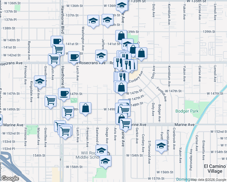 map of restaurants, bars, coffee shops, grocery stores, and more near 4061 West 147th Street in Lawndale