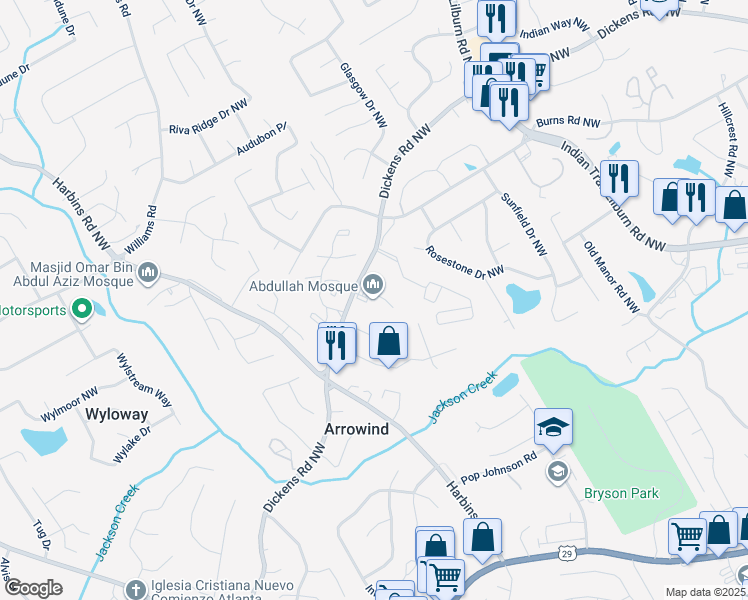 map of restaurants, bars, coffee shops, grocery stores, and more near 805 Dickens Road Northwest in Lilburn