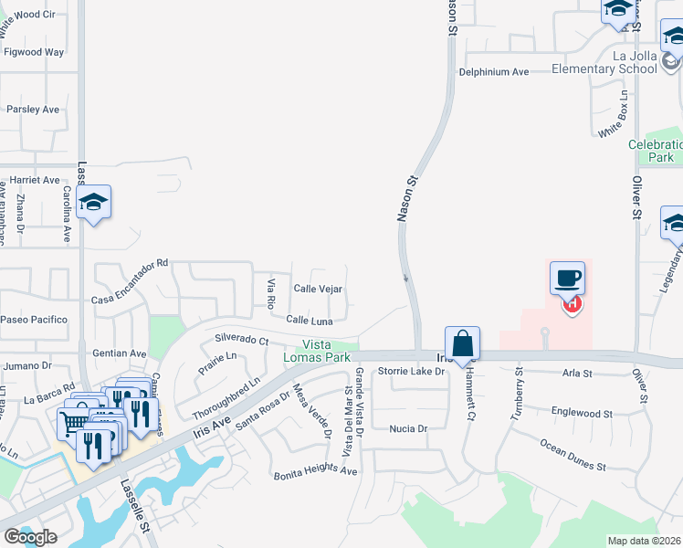 map of restaurants, bars, coffee shops, grocery stores, and more near 15315 Avenida Fiesta in Moreno Valley