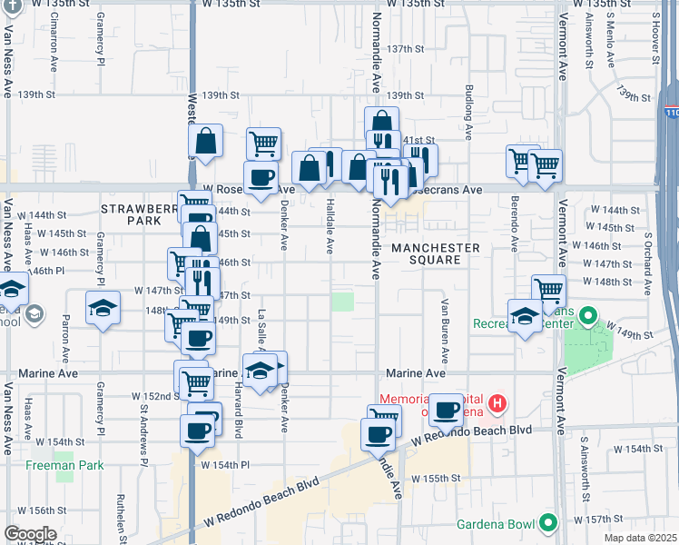 map of restaurants, bars, coffee shops, grocery stores, and more near 1450 West 146th Street in Gardena